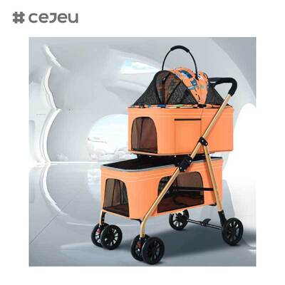 CJ-TQ-747-B Cuatro ruedas de peso ligero de doble capa cochecito de mascotas amortiguador de choques jaula plegable cachorros transportadores viajes
