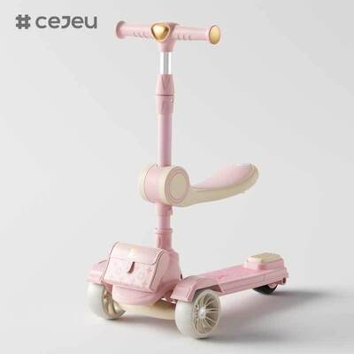 CJ-JQX-615-1 Child Seat Multifunctional 3-in-1 Steel Foldable Tricycle Scooter LED Light Plastic Wheels Height Adjustable for Kids Home